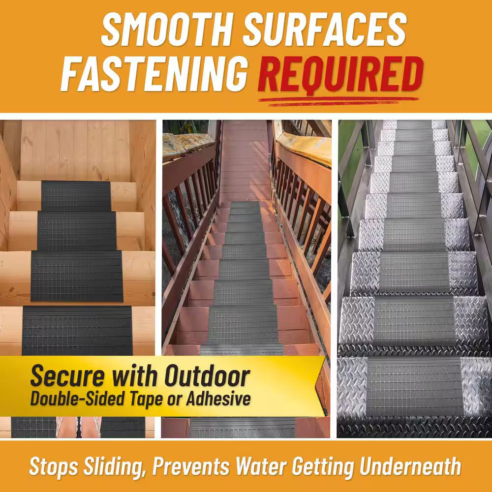 Waterproof Easy-Clean Indoor/Outdoor Black 10 In. X 25.5 In. Non-Slip Rubber Bullnose Stair Tread Cover (Set of 5)