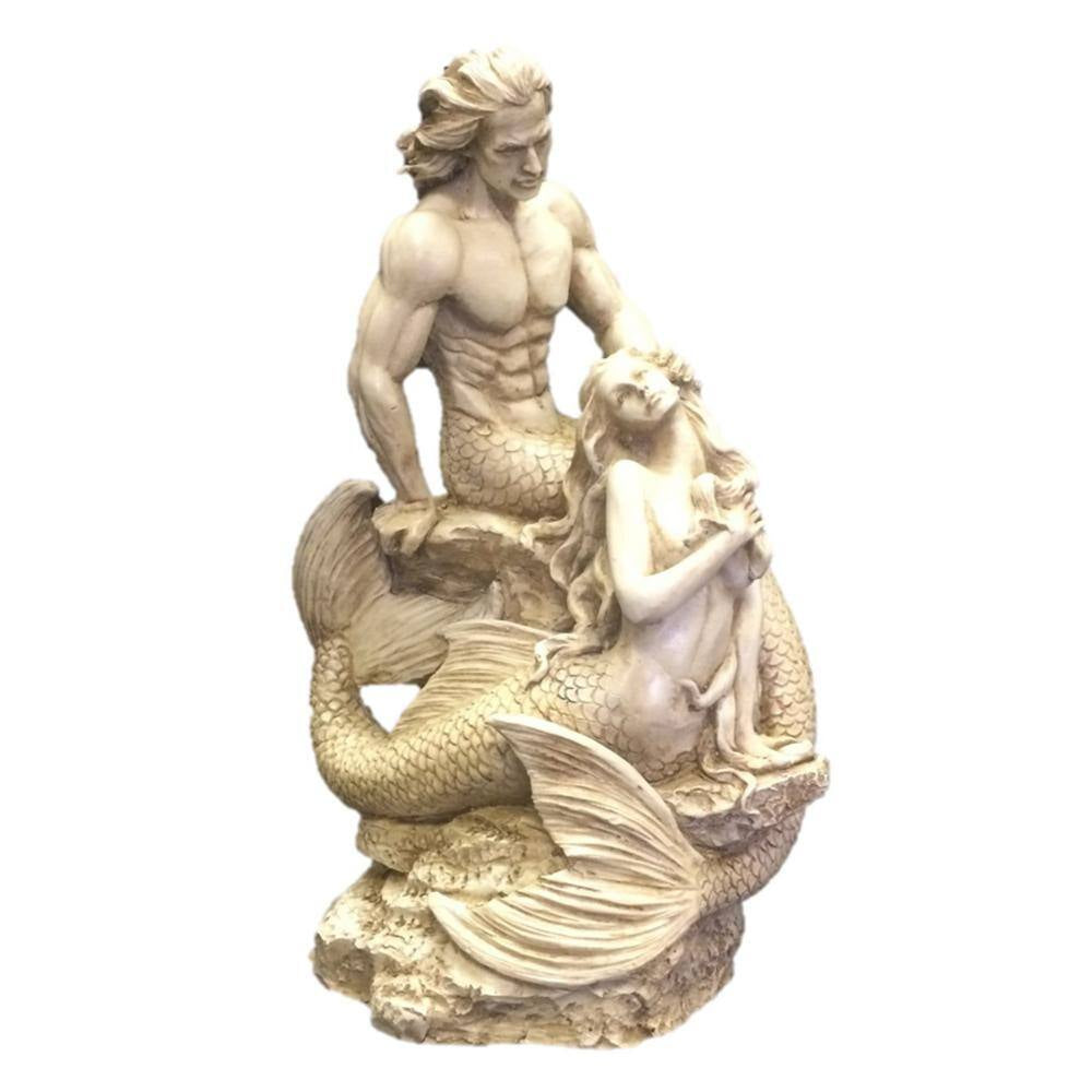 18 In. Sexy Merman and Mermaid on the Rocks Nautical Beach Statue Antique White