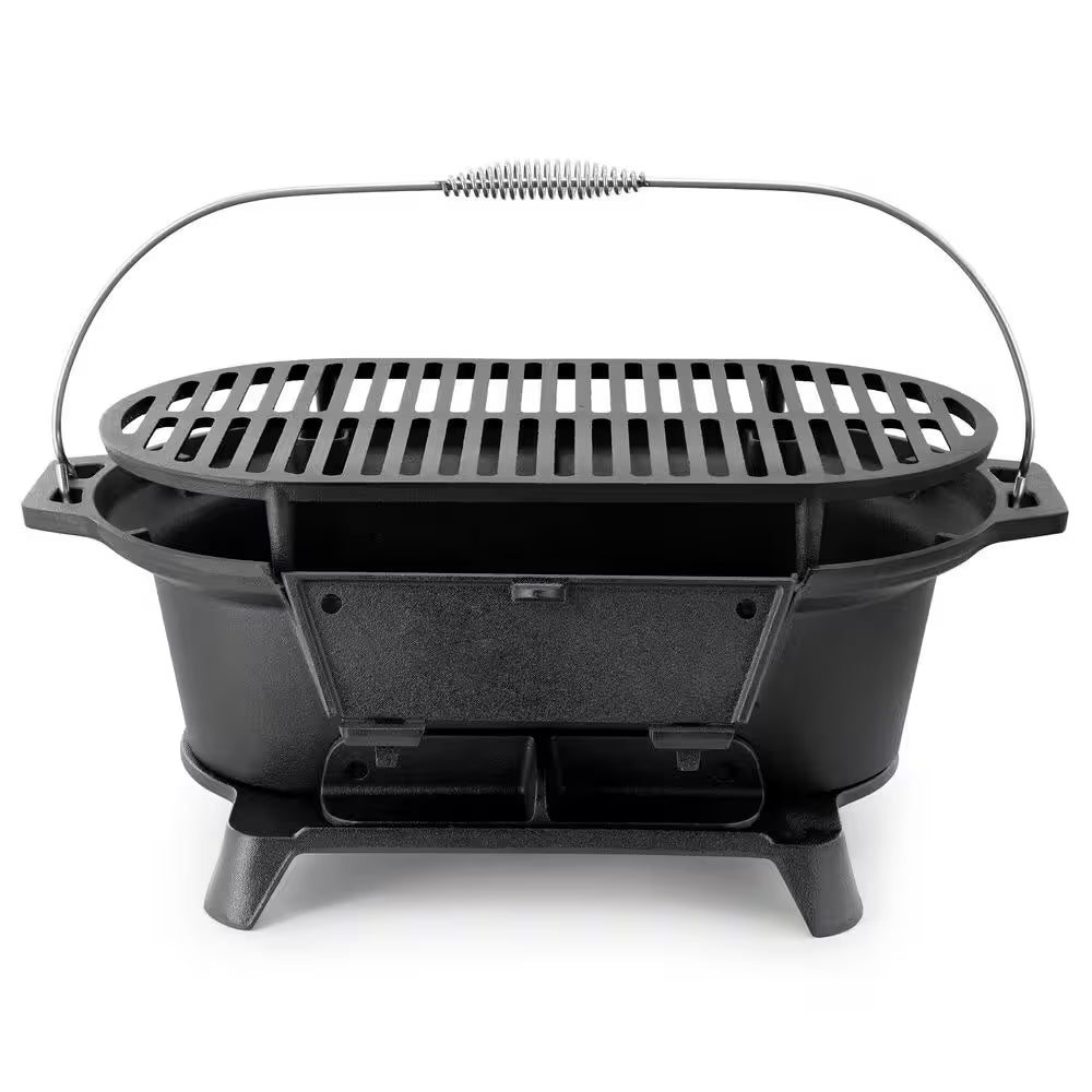Oval Cast Iron Portable Hibachi Grill for Outdoor Use and Camping in Black