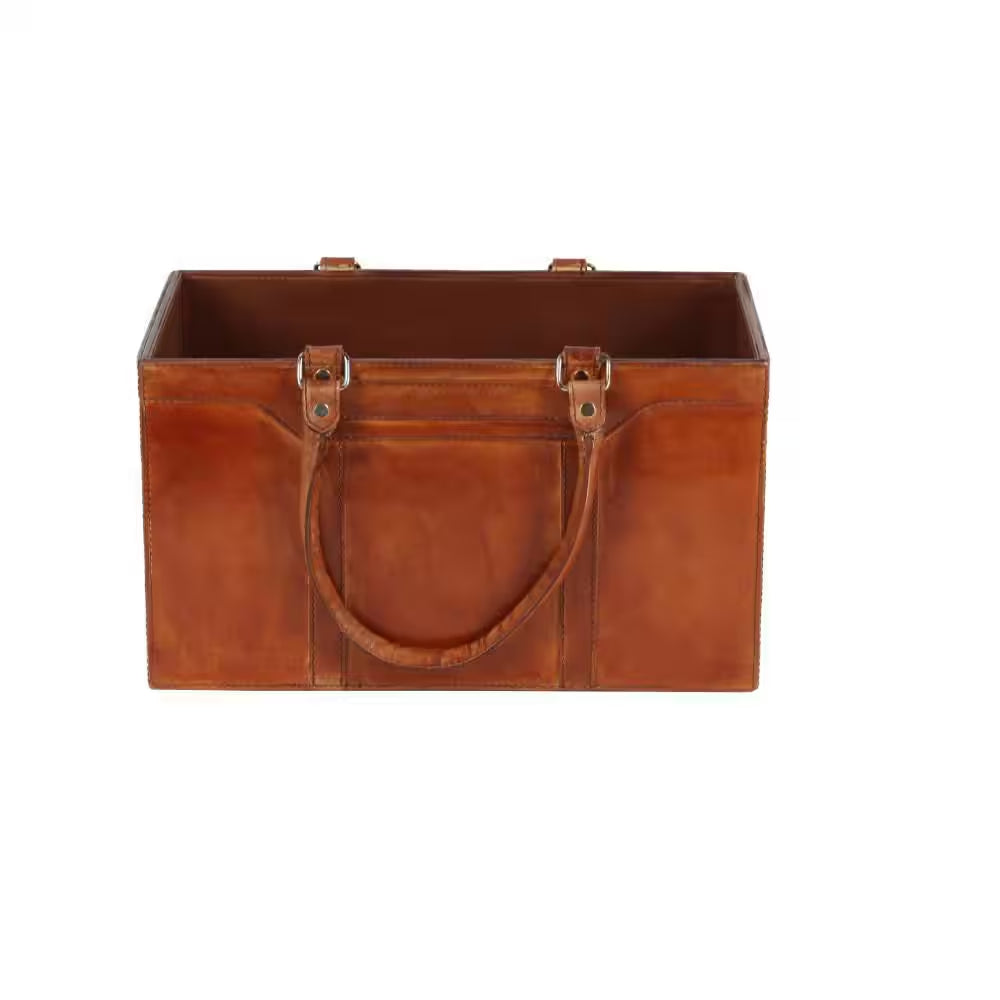 Brown Handmade Box Style Standing Magazine Holder with Detail Stitching and Curved Handles