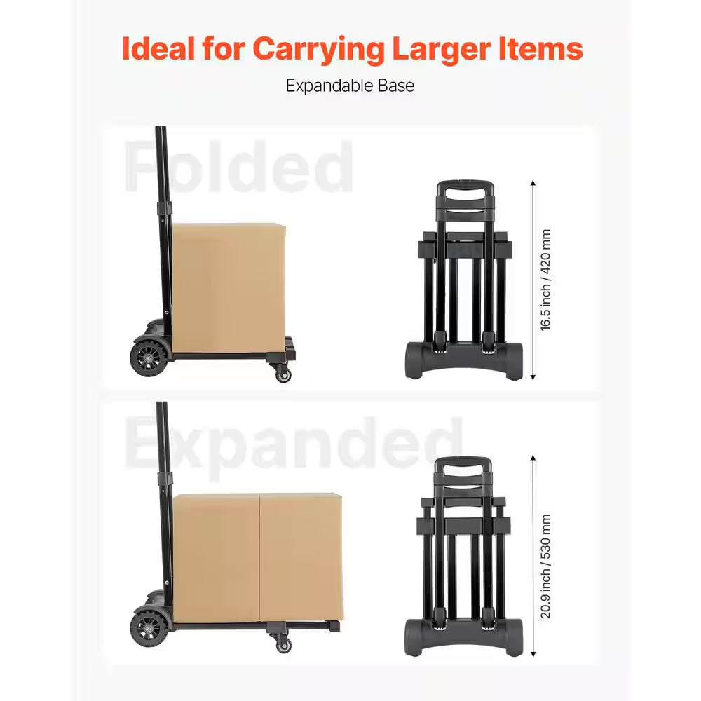 Folding Hand Truck, 290 Lbs. Load Capacity, Collapsible Luggage Cart with 4 Wheels, 2 Elastic Ropes & Expandable Base