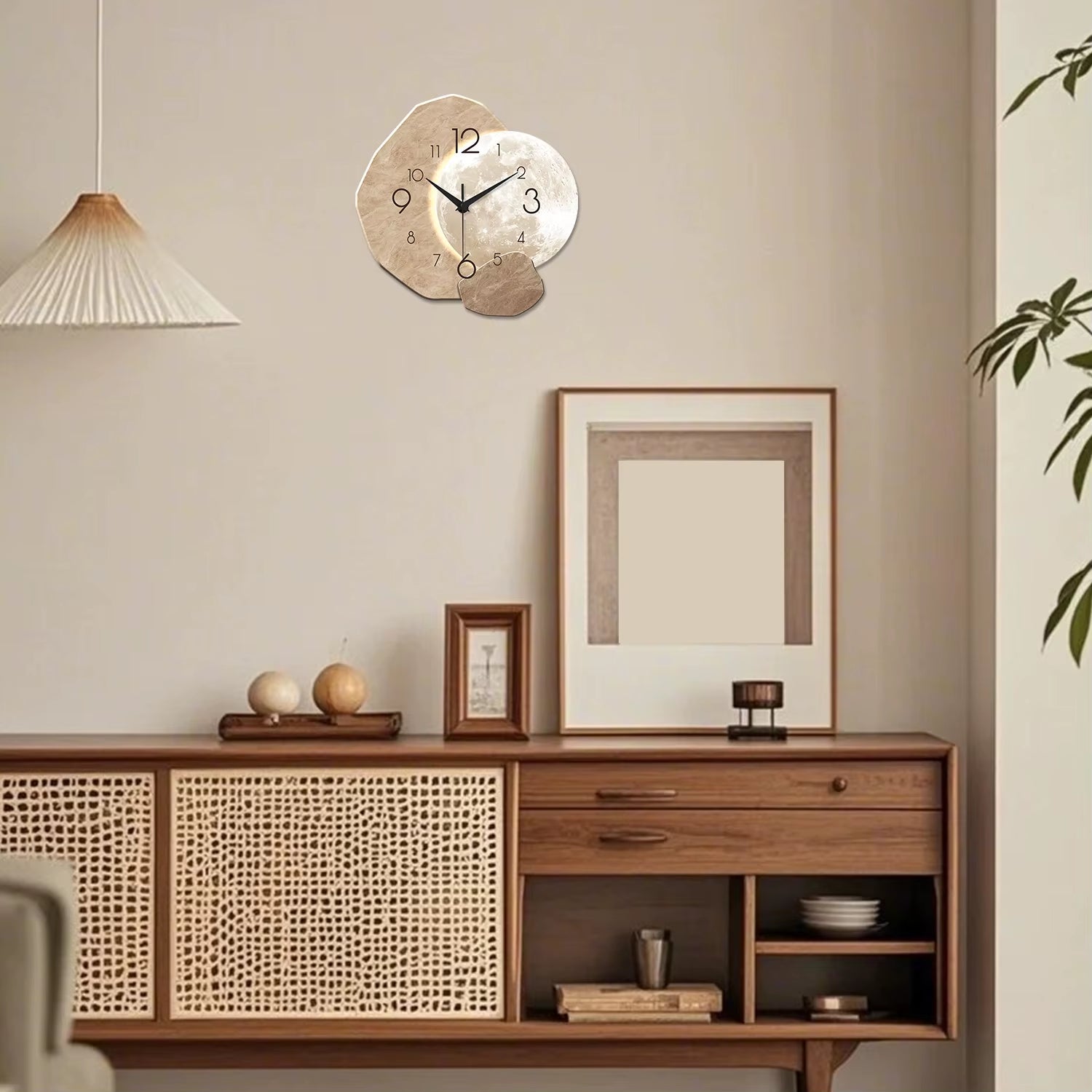 Modern Simple Silent Wall Clock, Moon Design - Quartz Movement, Wooden Material, for Bedroom, Living Room or Office Decoration