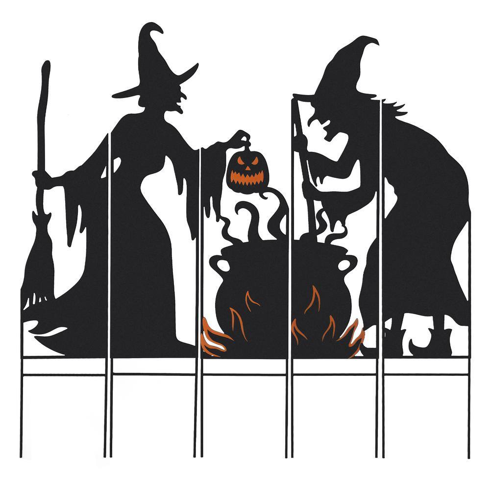 Glitzhome 34.5 in. H Set of 5 Halloween Metal Silhouette Witches with Cauldron Yard Stake or Wall Decor (2 Function)
