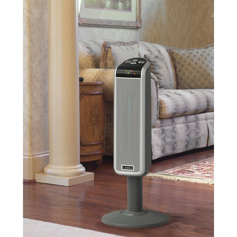 1500W 29 in. Gray Electric Pedestal Ceramic Oscillating Space Heater with Digital Display and Remote Control