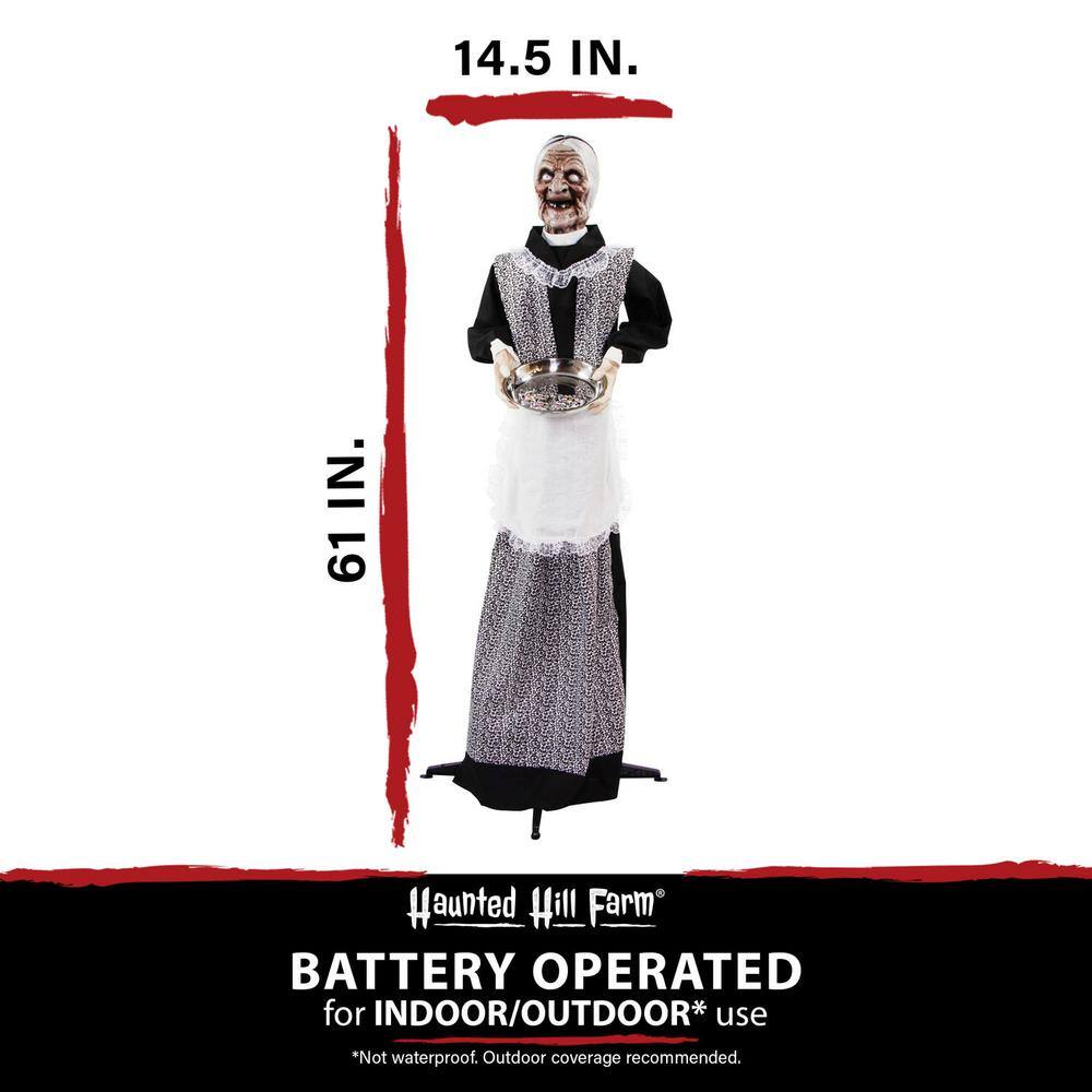 Haunted Hill Farm 5 ft. Emma the Animated Zombie Housemaid Holding a Tray, Indoor or Covered Outdoor Halloween Decoration