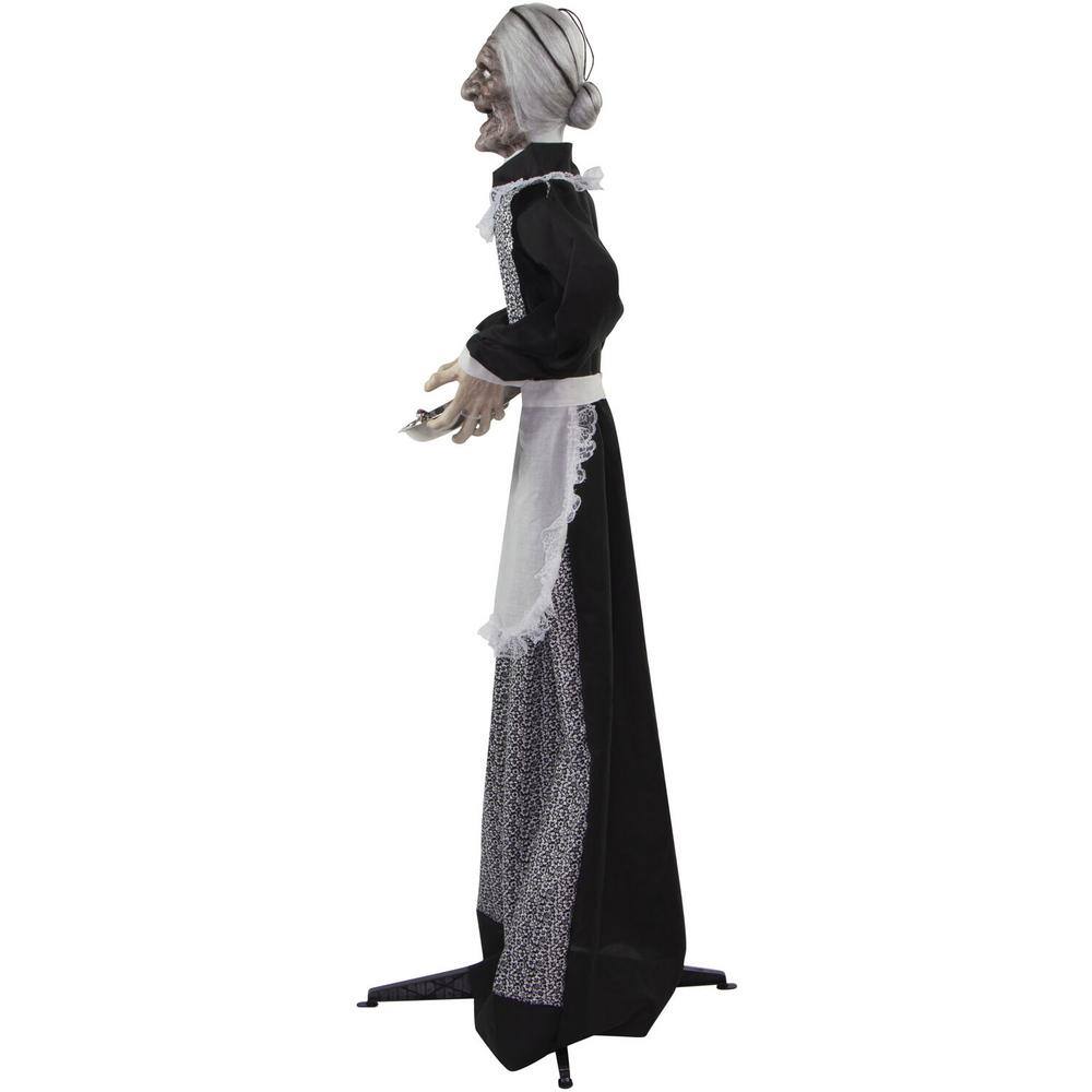 Haunted Hill Farm 5 ft. Emma the Animated Zombie Housemaid Holding a Tray, Indoor or Covered Outdoor Halloween Decoration