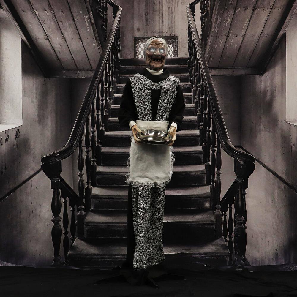 Haunted Hill Farm 5 ft. Emma the Animated Zombie Housemaid Holding a Tray, Indoor or Covered Outdoor Halloween Decoration