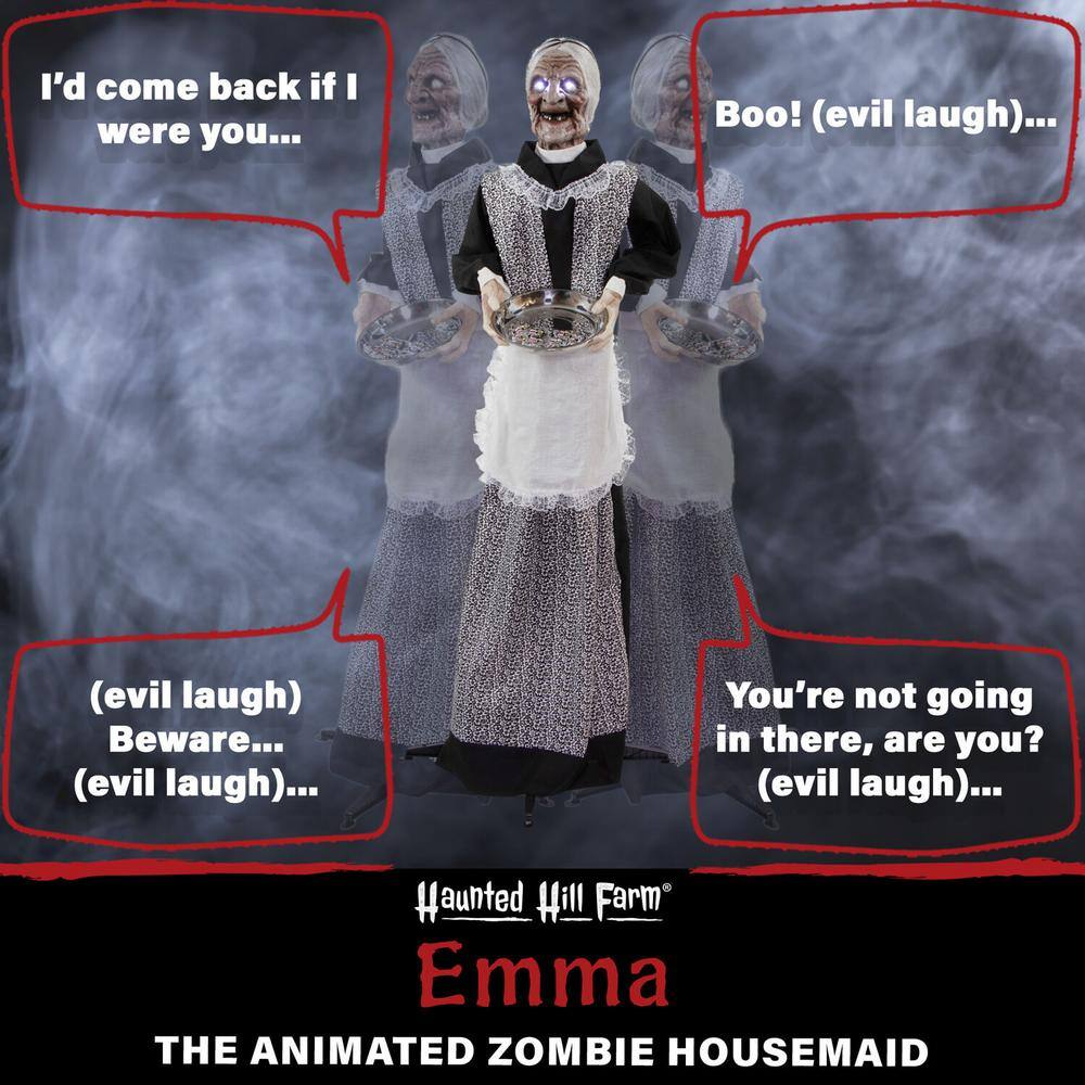 Haunted Hill Farm 5 ft. Emma the Animated Zombie Housemaid Holding a Tray, Indoor or Covered Outdoor Halloween Decoration