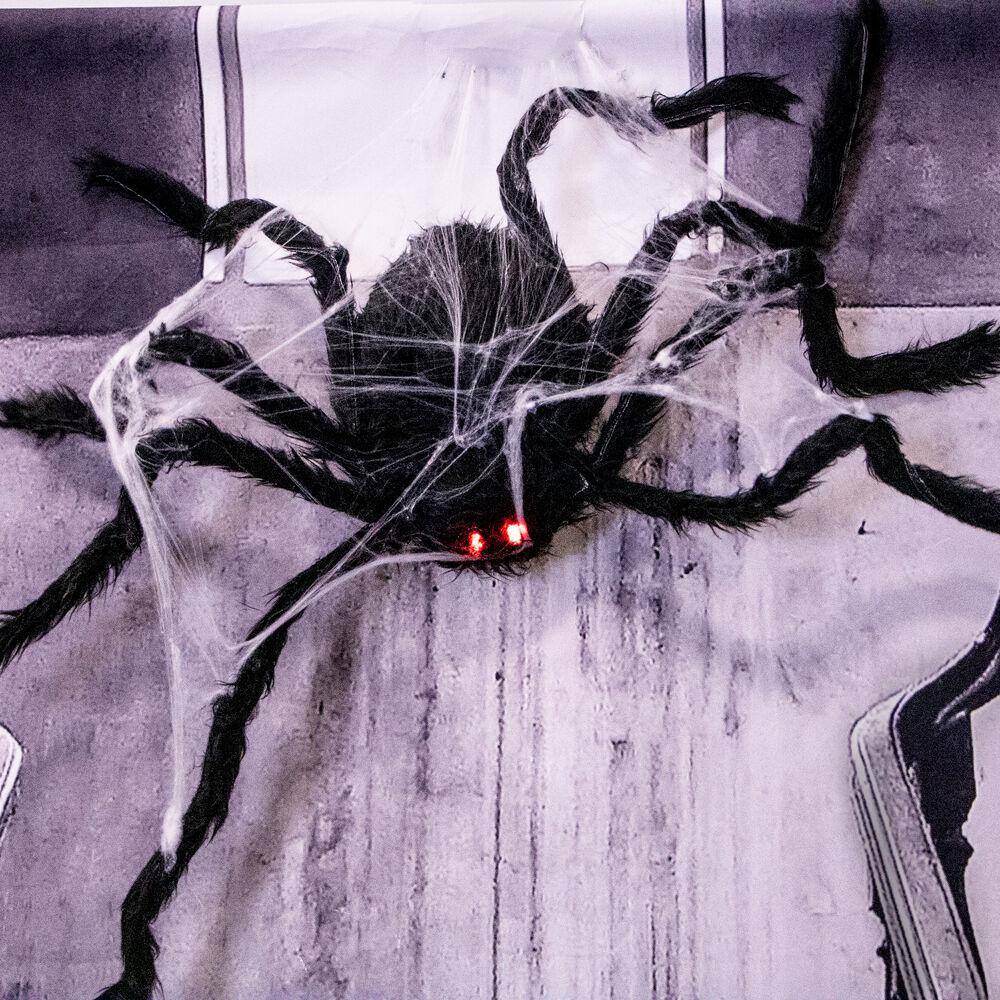Haunted Hill Farm  3.5 in. Battery Operated Spider with Web and Red LED Eyes Halloween Prop