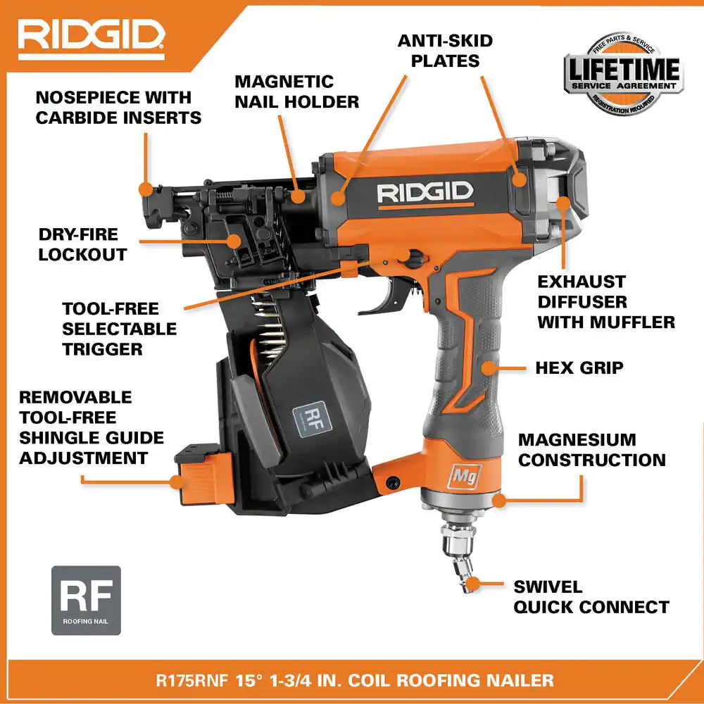 RIDGID Pneumatic 15 Deg. 1-3/4 in. Coil Roofing Nailer