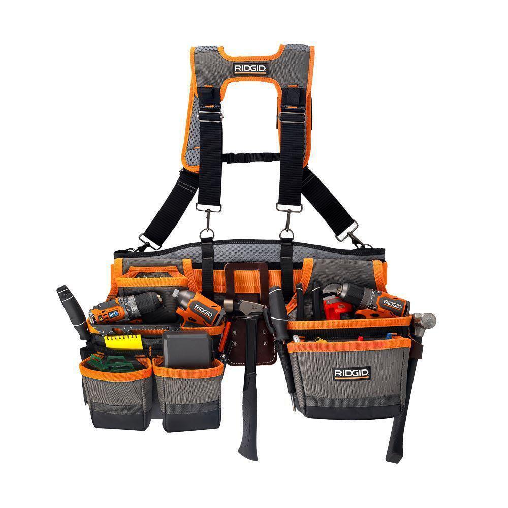 RIDGID 29 in. 23 Pocket Professional Grade 2-Bag Suspension Rig Work Tool Belt with Suspenders
