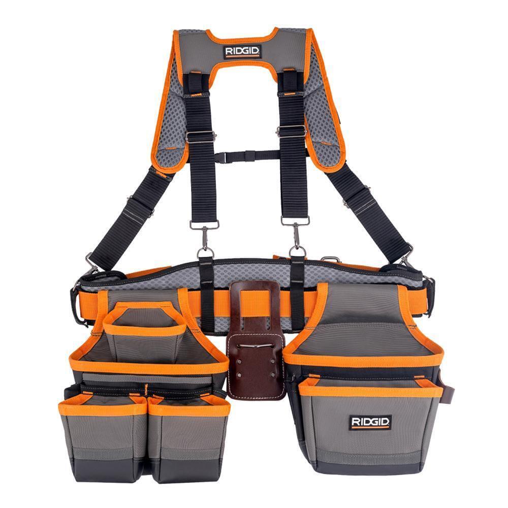RIDGID 29 in. 23 Pocket Professional Grade 2-Bag Suspension Rig Work Tool Belt with Suspenders