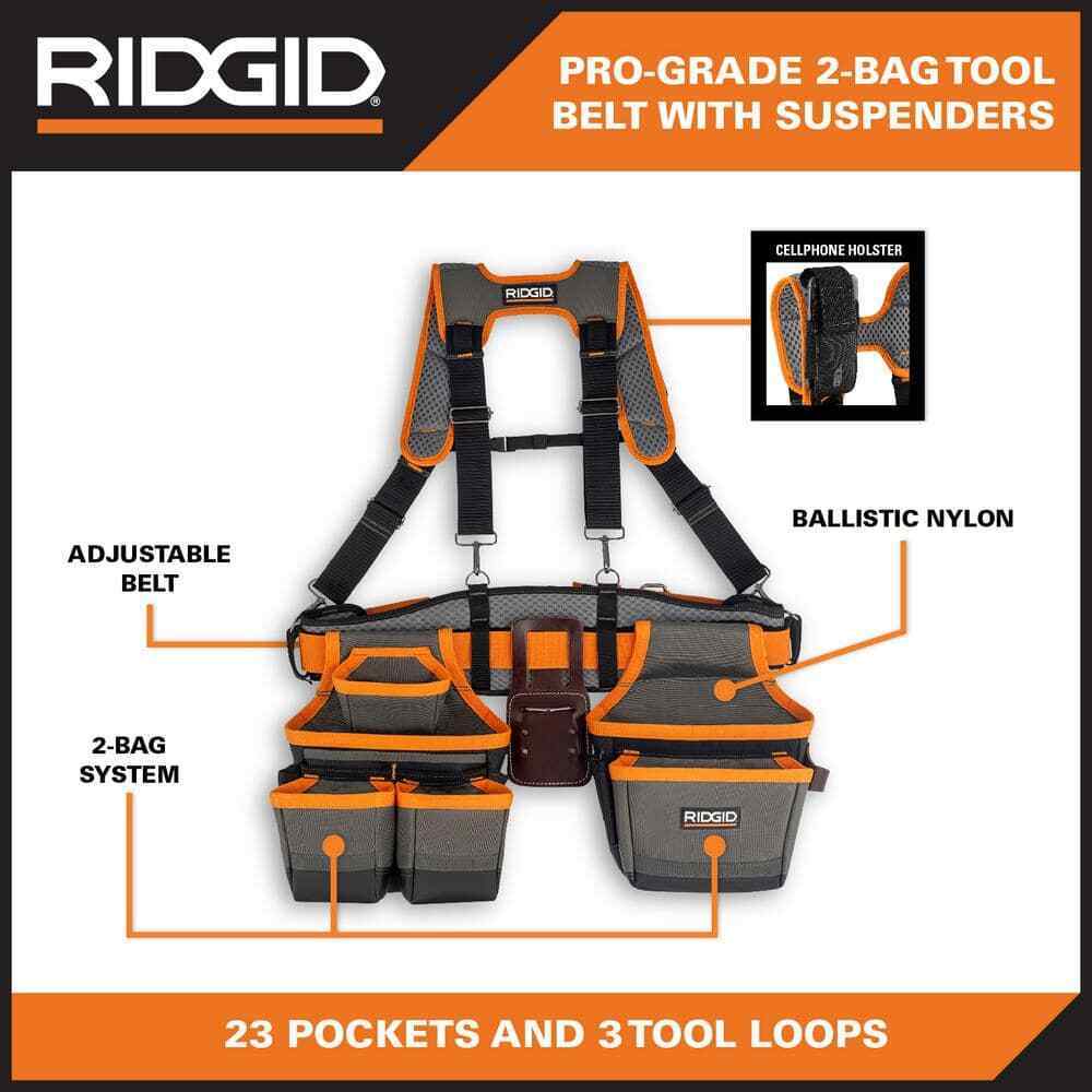 RIDGID 29 in. 23 Pocket Professional Grade 2-Bag Suspension Rig Work Tool Belt with Suspenders
